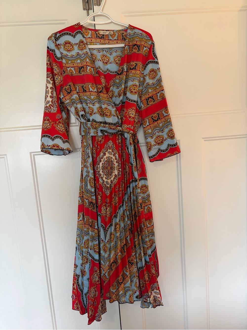 Dex Red and Light Blue Patterned Midi Wrap Dress